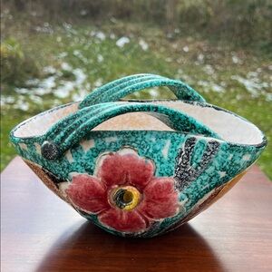 Vintage Bitossi Italian Fratelli Fanciullacci Floral Leaf Basket with Handles